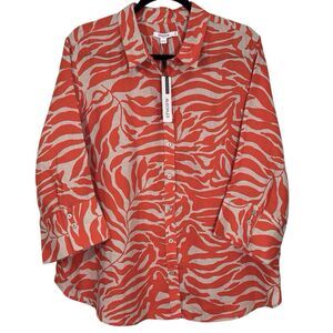 Chicos Linen Button-Up Shirt No iron Blood Orange Tan Palms Size 3 XL NWT